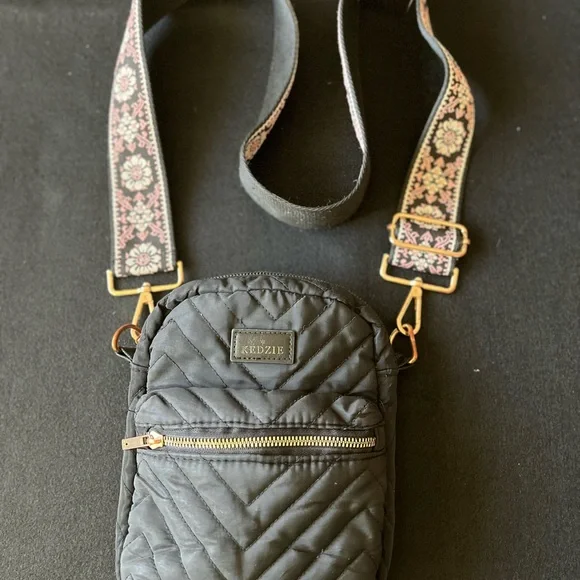 Black Quilted Crossbody Bag by KEDZIE with 2in tapestry strap - Picture 2 of 4